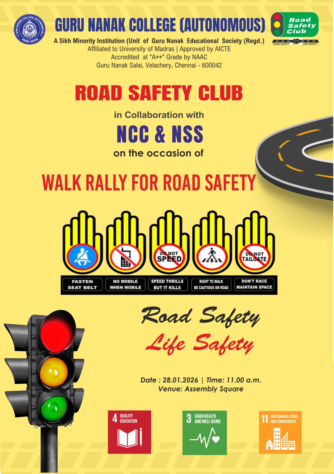 Road safety Club in collaboration with NCC and NSS organises Walk Rally for Road safety