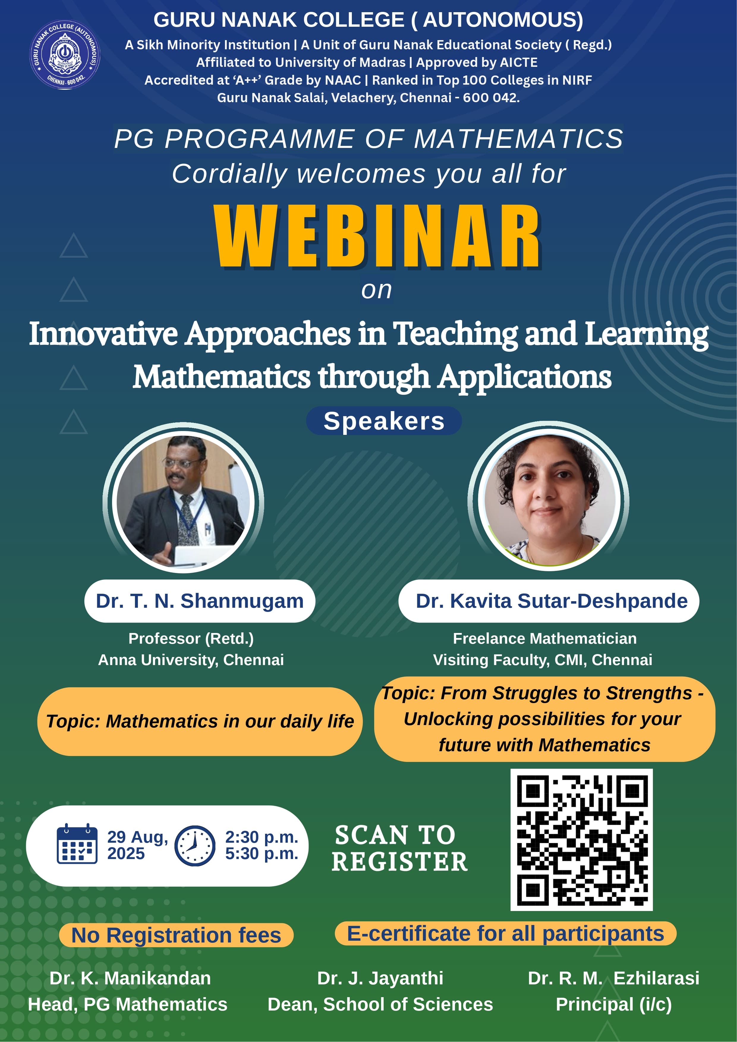 PG Programme of Mathematics organises webinar on  Innovative Approaches in Teaching and Learning Mathematics through Applications