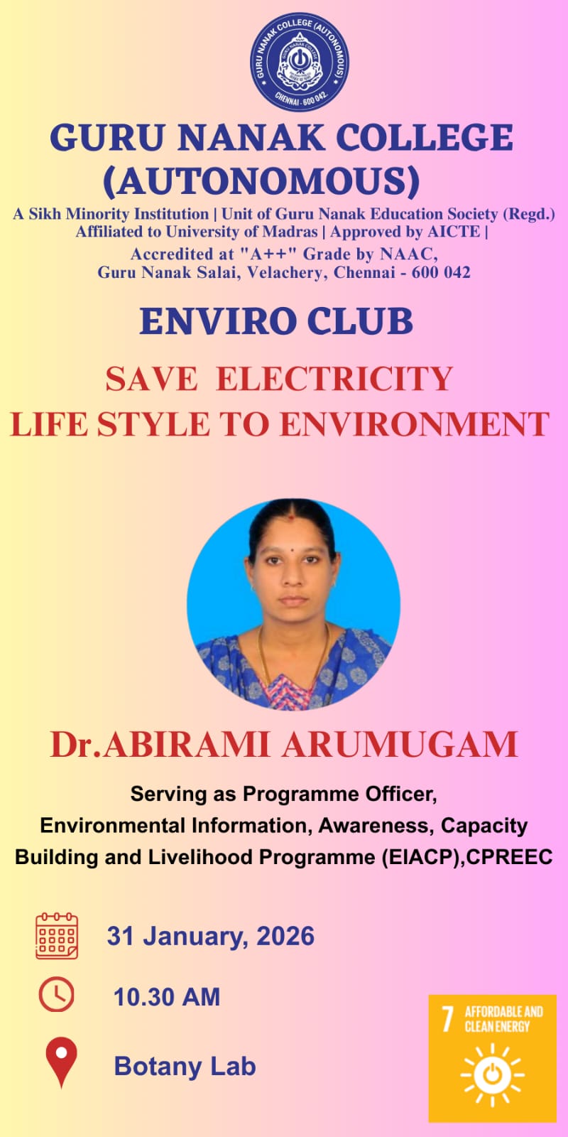 Enviro Club organises invited talk on Save electricity - Lifestyle to Environment