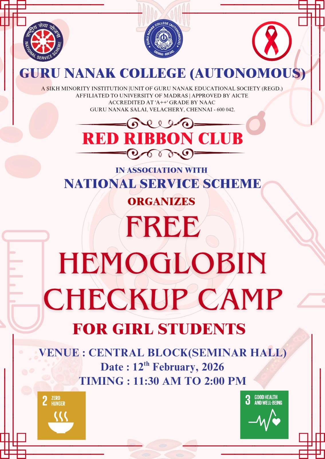 Red ribbon club in association with NSS organises Free Haemoglobin Checkup Camp for girl students
