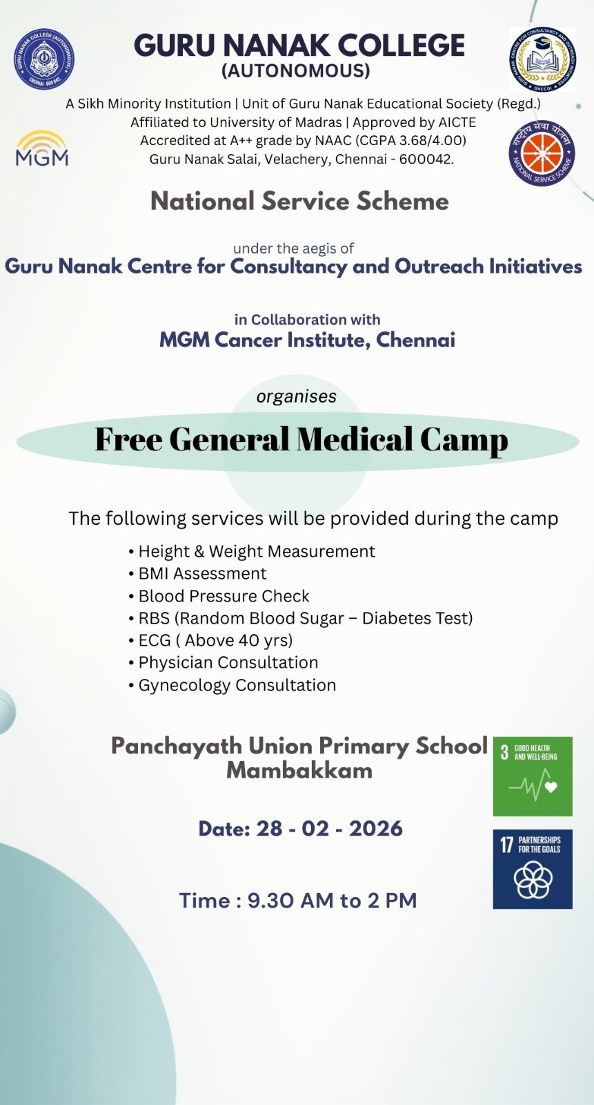 NSS organises Free General medical camp at Mambakkam Panchayath Union Primary school