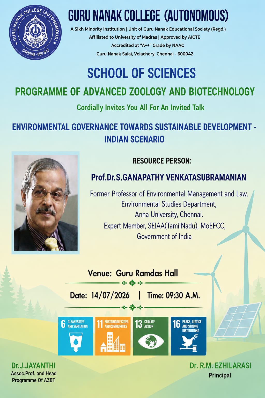 Programme of Advanced Zoology and Biotechnology organises Invited talk on Environmental Governance towards sustainable development - Indian Scenario