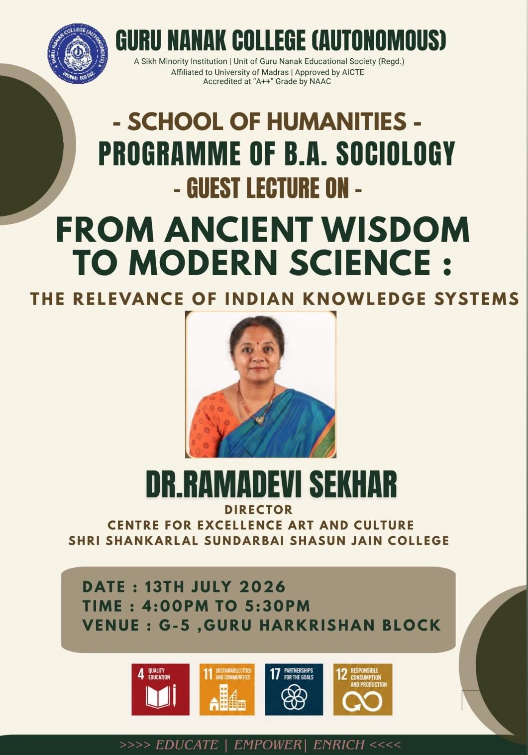 Guest lecture on Ancient Wisdom to Modern Science organised by Programme of BA Sociology