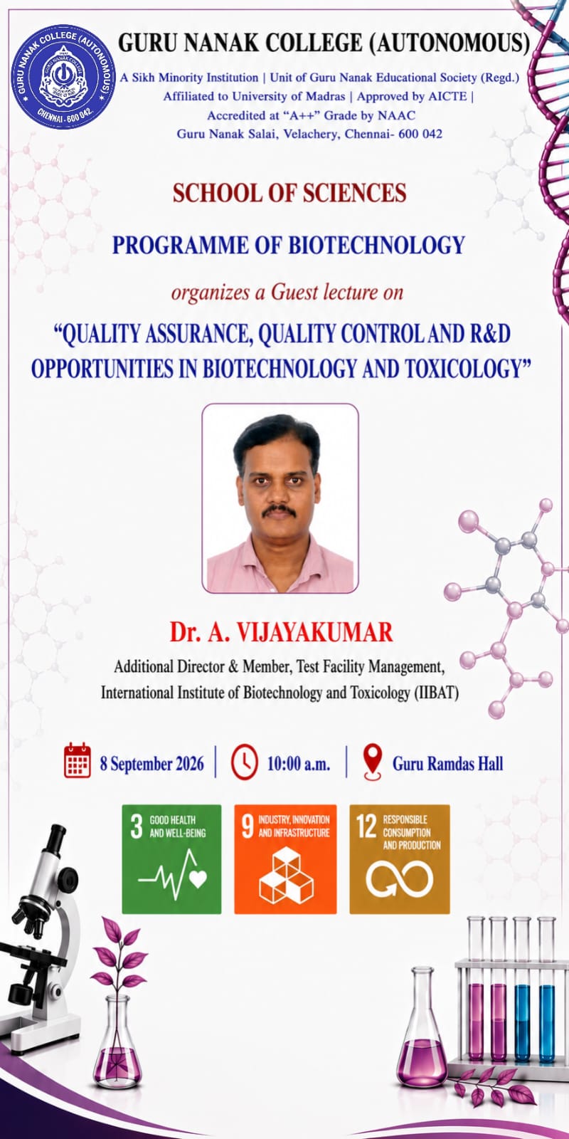 B.Sc Bio technology organises Guest lecture on Quality Assurance, Quality Control and R&D Opportunities in Bio technology and Toxicology